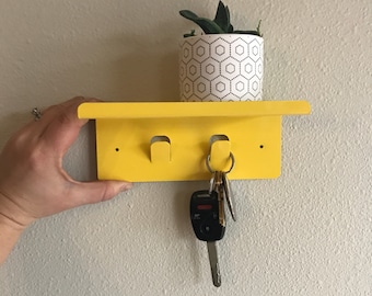 May include: A yellow wall-mounted key holder with two hooks and a small shelf. A potted succulent plant sits on the shelf. A set of keys hangs from one of the hooks.