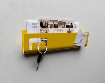 Minimalist Steel Letter Holder-Mid Century Modern Mail Organizer with hooks, Entryway organization, Mail holder, small space office solution
