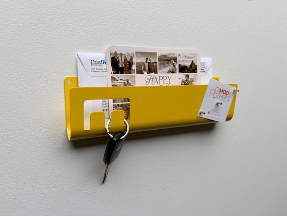 Minimalist Steel Letter Holder-Mid Century Modern Mail Organizer with hooks, Entryway organization, Mail holder, small space office solution