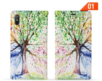 Personalised Name Leather Wallet Stand Flip Case for iPhone 15 Pro Max 15 14 Plus iPhone 15 14 13 12 11 X watercolor flower