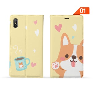Étui portefeuille en cuir avec initiales personnalisées pour iPhone 14 Pro Max, iPhone 14+, iPhone 14, iPhone 13 Pro 12 11 X, chiot corgi