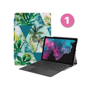 May include: A black laptop computer with a keyboard and a tropical patterned case. The case has a blue, green, and white geometric design with palm trees and leaves.