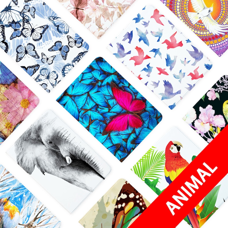 May include: A collection of colorful animal-themed designs for phone cases. The designs include butterflies, birds, an elephant, a parrot, and a floral pattern.