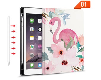 iPad Folio Smart Case stand Leather Cover with Pencil Holder for iPad Pro 12.9 11 Air 10.9 10.5 9.7 Auto Sleep Wake Up Flamingos