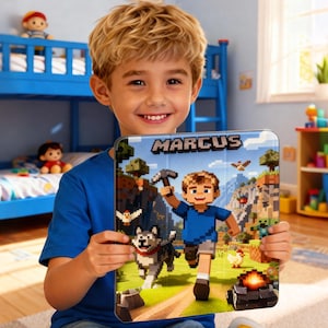 Puede incluir: Una funda para tableta con un diseño pixelado y el nombre "MARCUS" en la parte superior. La funda presenta una ilustración de dibujos animados de un niño con un pico, un perro y un paisaje al estilo Minecraft. El niño lleva una camiseta azul. El fondo incluye montañas y árboles.
