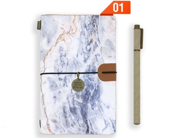 travel journal personalised refillable notebook diary genuine leather cover marble