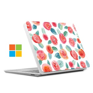 May include: White laptop with a floral design on the lid. The design features pink and red watercolor flowers and green leaves on a white background.