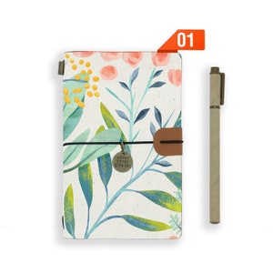 travel diary personalised refillable notebook journal genuine leather cover pink flower, custom Christmas gift, wedding gift, special gift
