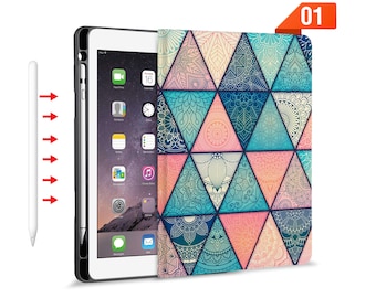 iPad Folio Smart Case stand Leather Cover with Pencil Holder for iPad Pro 12.9 11 Air 10.9 10.5 9.7 Auto Sleep Wake Up Aztec Tribal