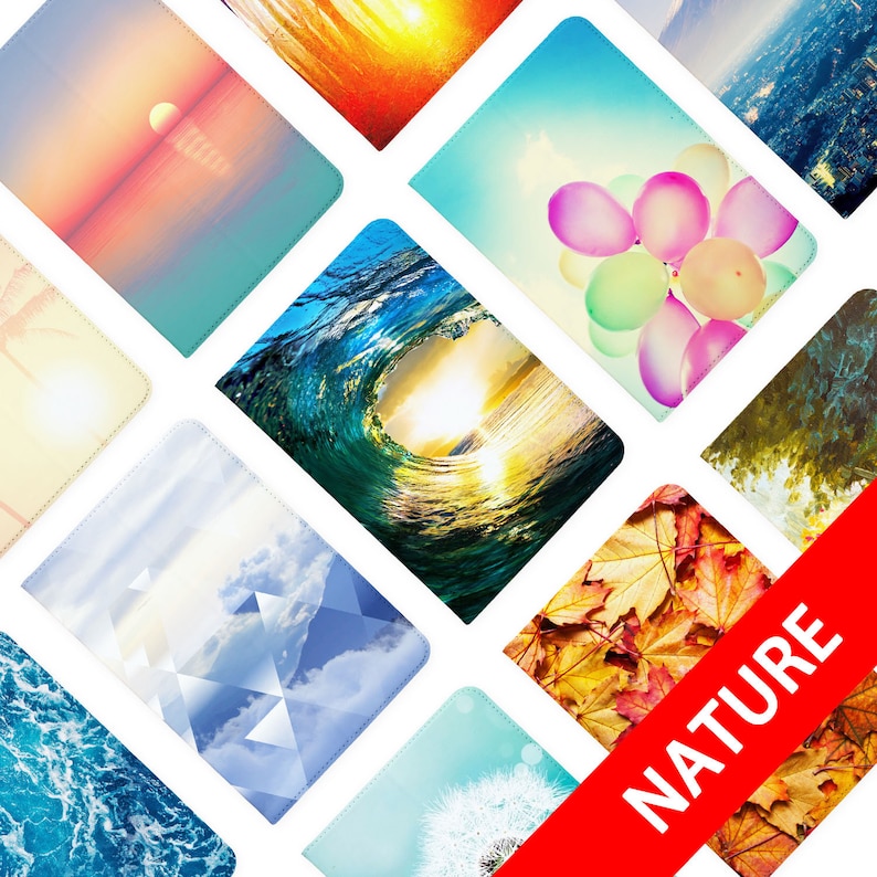 May include: A collection of nature-themed phone wallpapers featuring images of a sunset over the ocean, a wave crashing, a field of dandelions, a blue sky with clouds, a forest, and a pile of autumn leaves.