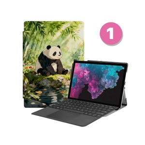 May include: A black laptop with a keyboard and a screen showing a colourful abstract design. A pink circle with the number 1 is in the upper right. A tablet case with a panda illustration is on the left.