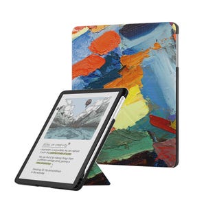 Op de afbeelding: Een tablethoes met een levendig, getextureerd olieverfschilderijontwerp met gedurfde streken in oranje, blauw, geel en groen. Het tabletscherm toont een zwart-witte illustratie van een berglandschap met de tekst Notes on creativity.