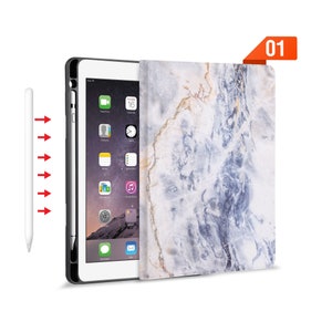 iPad Folio Smart Case stand Leather Cover with Pencil Holder for iPad Pro 12.9 11 Air 10.9 10.5 9.7 Auto Sleep Wake Up Marble