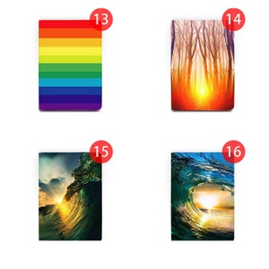May include: Four different passport cover designs. The first is a rainbow design. The second is a forest scene with a sunset. The third is a wave crashing with a sunset. The fourth is a blue wave crashing with a sunset.