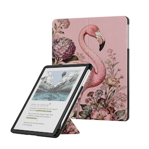 May include: A tablet in a black case with a pink cover featuring a flamingo and floral print. The tablet screen displays a mountain landscape illustration and text that reads Notes on creativity, Inspiration is everywhere, and New perspective.
