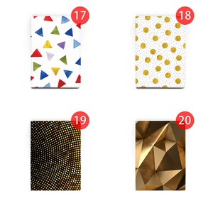 Peut inclure: Quatre designs diff&eacute;rents pour une couverture de carnet. Le premier design pr&eacute;sente un fond blanc avec des triangles color&eacute;s. Le deuxi&egrave;me design pr&eacute;sente un fond blanc avec des pois dor&eacute;s. Le troisi&egrave;me design pr&eacute;sente un fond noir avec des pois dor&eacute;s. Le quatri&egrave;me design pr&eacute;sente un fond dor&eacute; avec un motif g&eacute;om&eacute;trique.