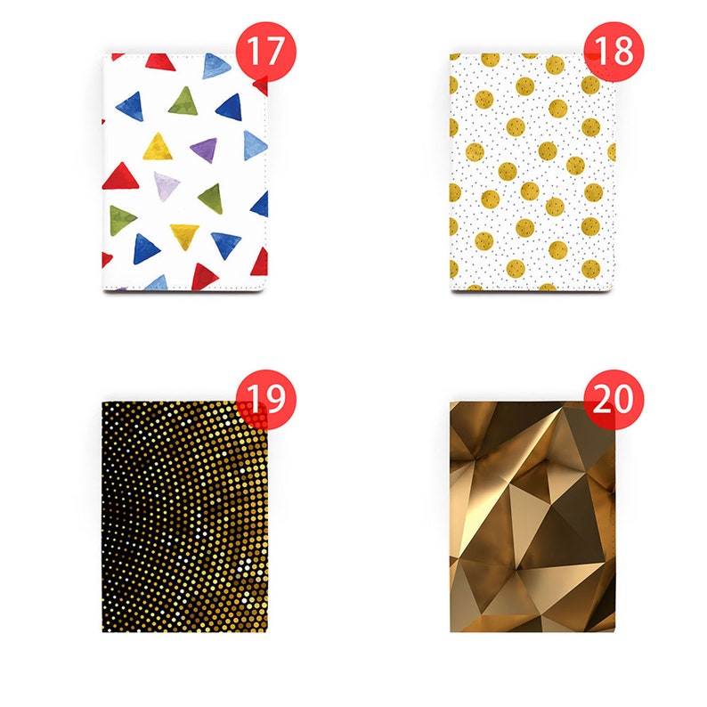 Peut inclure: Quatre designs diff&eacute;rents pour une couverture de carnet. Le premier design pr&eacute;sente un fond blanc avec des triangles color&eacute;s. Le deuxi&egrave;me design pr&eacute;sente un fond blanc avec des pois dor&eacute;s. Le troisi&egrave;me design pr&eacute;sente un fond noir avec des pois dor&eacute;s. Le quatri&egrave;me design pr&eacute;sente un fond dor&eacute; avec un motif g&eacute;om&eacute;trique.
