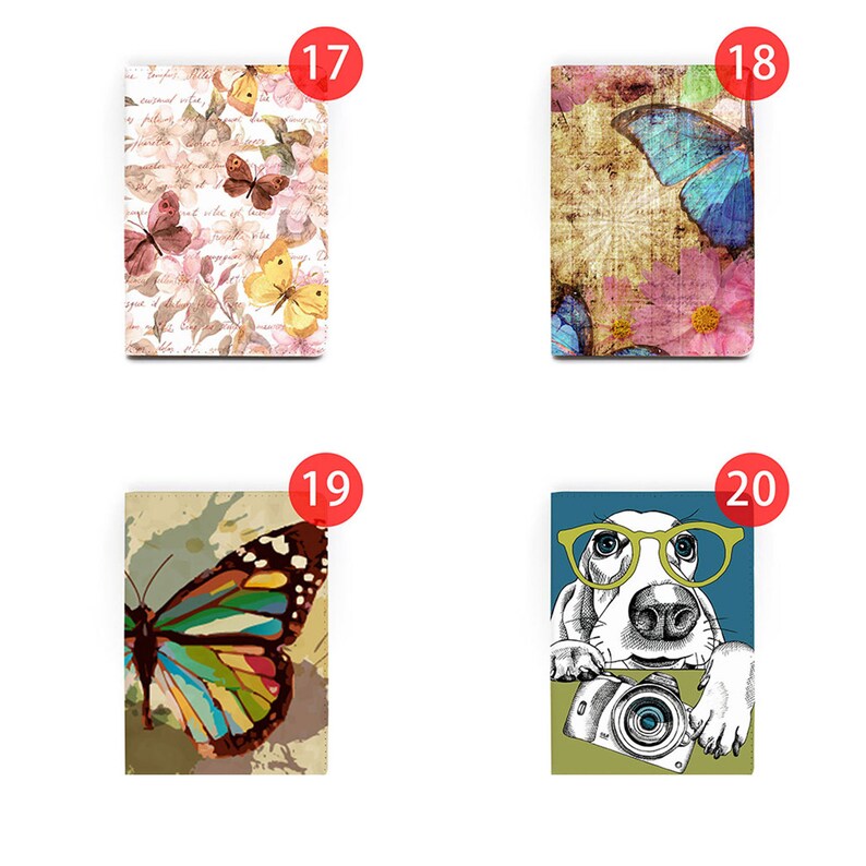 May include: Four different designs for a passport cover. The first design features a white background with a pattern of butterflies in shades of yellow, orange, pink, and brown. The second design features a vintage background with a blue butterfly. The third design features a colorful butterfly on a brown background with white paint splatters. The fourth design features a black and white illustration of a dog wearing glasses and holding a camera.