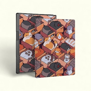 May include: A colorful illustration of cats in boxes. The cats are in various poses, some sleeping, some sitting, and some looking out of the boxes. The boxes are stacked on top of each other, and there are some boxes that are open. The background is a light brown color.