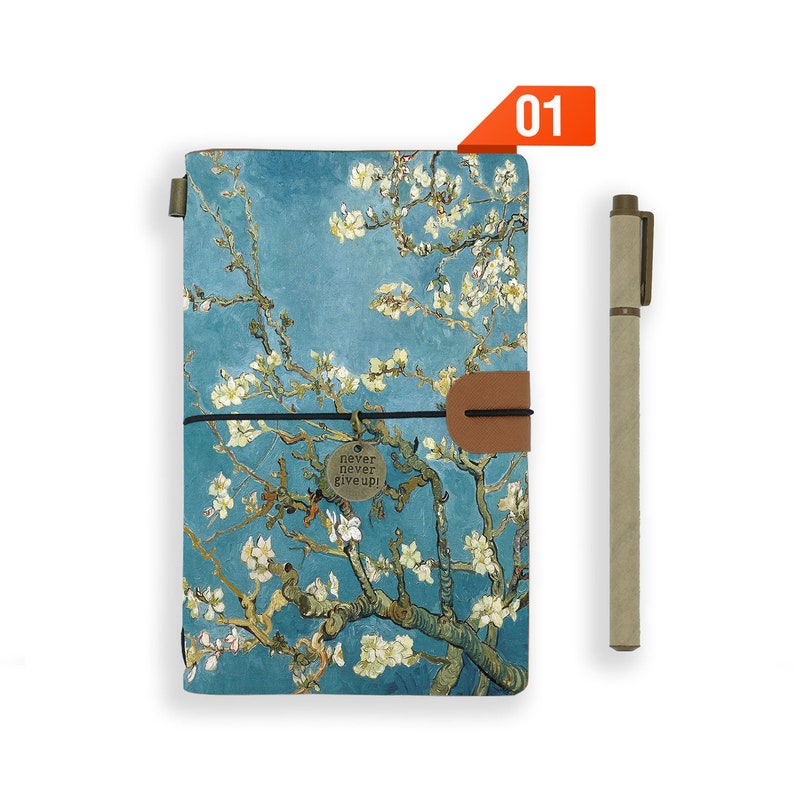 personalized leather journal refillable notebook diary genuine leather cover oil painting image 1