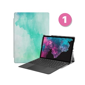 May include: A black laptop computer with a light blue watercolor design case. The laptop has a keyboard and a trackpad. The screen is displaying a pink and purple abstract image.
