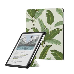 May include: A tablet case featuring a green banana leaf pattern on a light background, shown with a tablet propped up in a stand. The tablet screen displays a mountain landscape illustration with a hot air balloon and the text Notes on creativity.