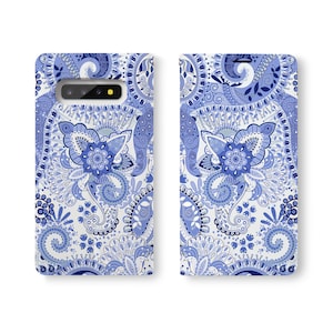Funda de cuero personalizada con tapa tipo billetera para Samsung Galaxy S23 S22+ Ultra S21+ 5G S21 Fe S20+ S23 Ultra con diseño de flores azules