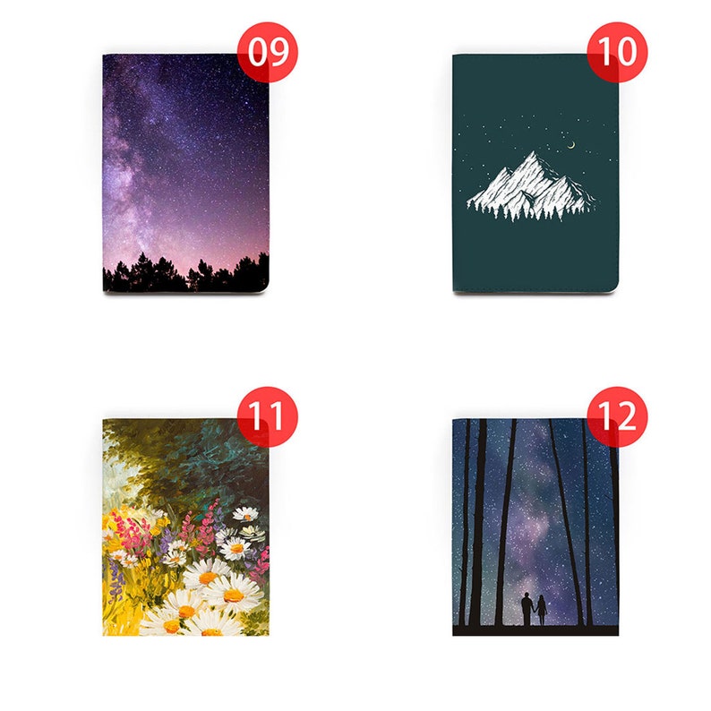 May include: Four different notebook covers with nature-inspired designs. The first cover features a purple and pink night sky with stars and a milky way. The second cover features a dark green background with a white mountain range and a crescent moon. The third cover features a green and yellow background with a field of white daisies. The fourth cover features a dark blue background with a silhouette of a couple standing in front of a forest with a starry night sky.