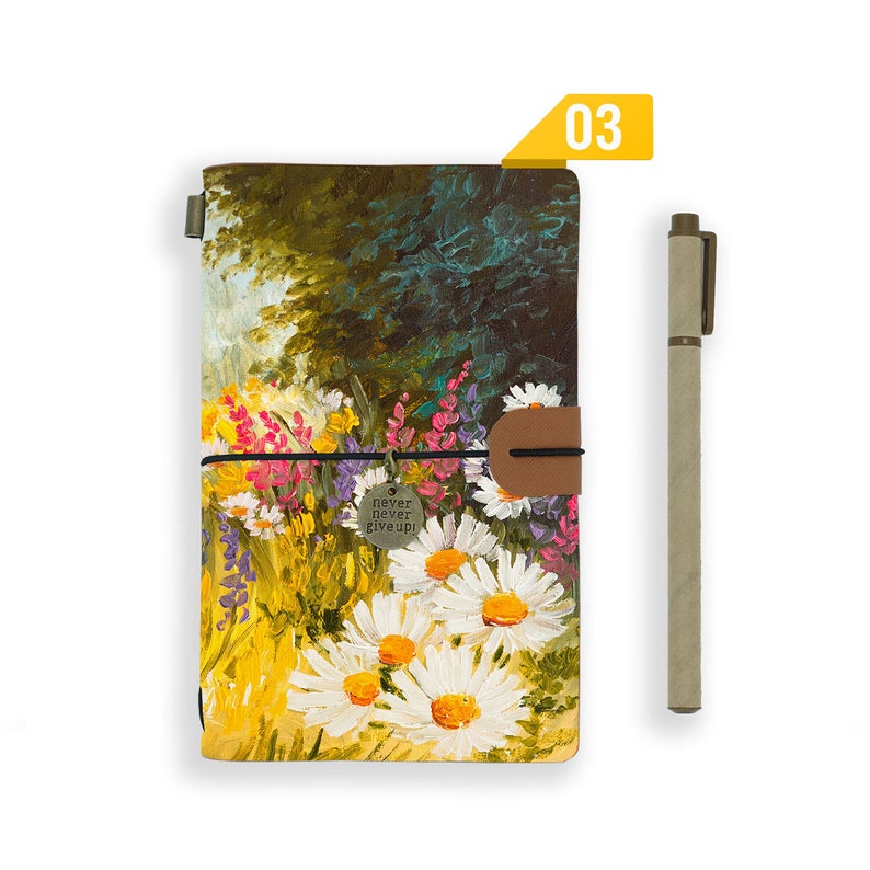 personalized leather journal refillable notebook diary genuine leather cover oil painting Pattern 03