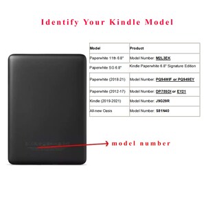 Peut inclure: Un lecteur &eacute;lectronique Kindle noir avec une &eacute;tiquette blanche au dos indiquant "Num&eacute;ro de mod&egrave;le&nbsp;: M2L3EK". L'image montre &eacute;galement un tableau avec une liste de mod&egrave;les Kindle et leurs num&eacute;ros de mod&egrave;le correspondants.