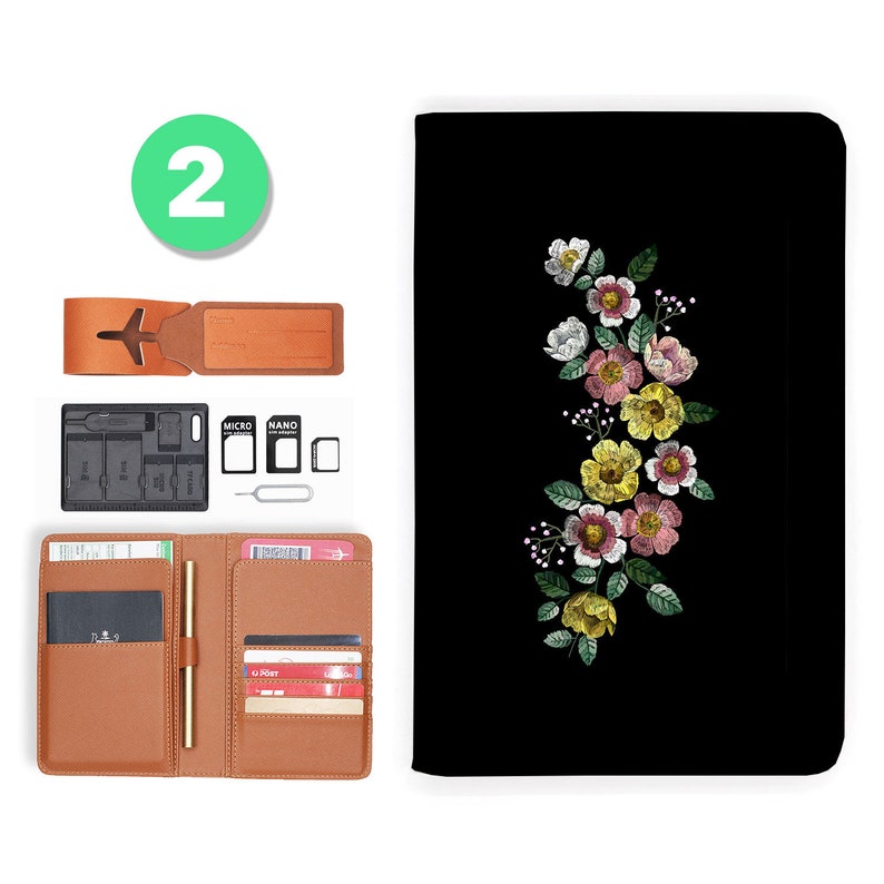 passport cover passport case RFID blocking classic leather travel wallet black flower