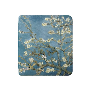 May include: A painting of a blossoming almond tree with white flowers against a blue sky. The branches of the tree are depicted in a stylised manner, with thick, dark brown trunks and delicate, twisting branches. The flowers are clustered together in groups, creating a sense of abundance and beauty.