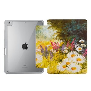 May include: A white iPad case with a floral design. The case features a painting of a field of daisies and other wildflowers in shades of yellow, white, pink, and purple. The case is compatible with the iPad.