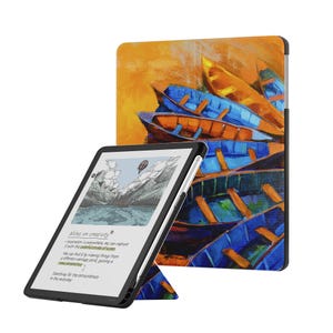May include: A tablet case featuring an impressionistic painting of blue and orange boats on a vibrant yellow background. The tablet screen displays a black and white landscape illustration with the text Notes on creativity and a hot air balloon.