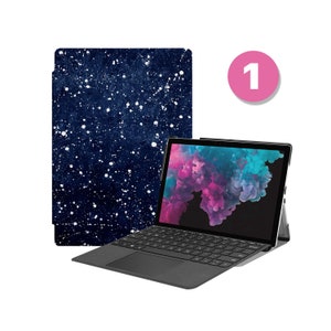 May include: A black laptop with a keyboard and a screen displaying a colorful abstract design. A navy blue cover with white splatter-like patterns is behind the laptop. A pink circle with the number 1 is in the upper right corner.