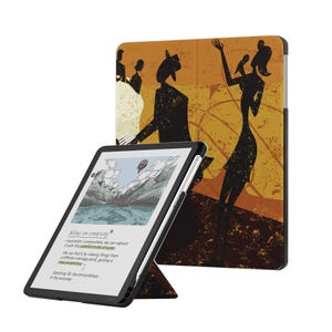 Puede incluir: Una funda para tableta con un gráfico estilizado de siluetas de personas en un club de jazz con tonos cálidos naranja y marrón. La pantalla de la tableta muestra una ilustración de un paisaje montañoso y el texto Notes on creativity.
