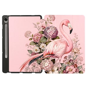 May include: Pink tablet case featuring a watercolor illustration of a flamingo surrounded by flowers. The case has a black border and a stylus holder. The flamingo is pink with a black beak and is set against a pink background.