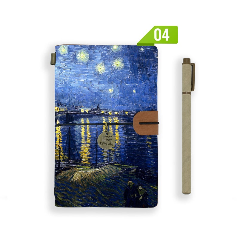 personalized leather journal refillable notebook diary genuine leather cover oil painting Pattern 04