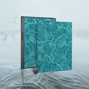 May include: Two teal blue phone cases with a decorative pattern of swirls and lines. The cases are made of a hard plastic material and have a matte finish.