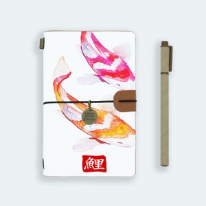 travel journal personalised refillable notebook diary genuine leather cover carps koi golden fish japanese style