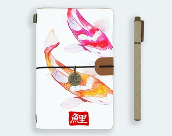 travel journal personalised refillable notebook diary genuine leather cover carps koi golden fish japanese style
