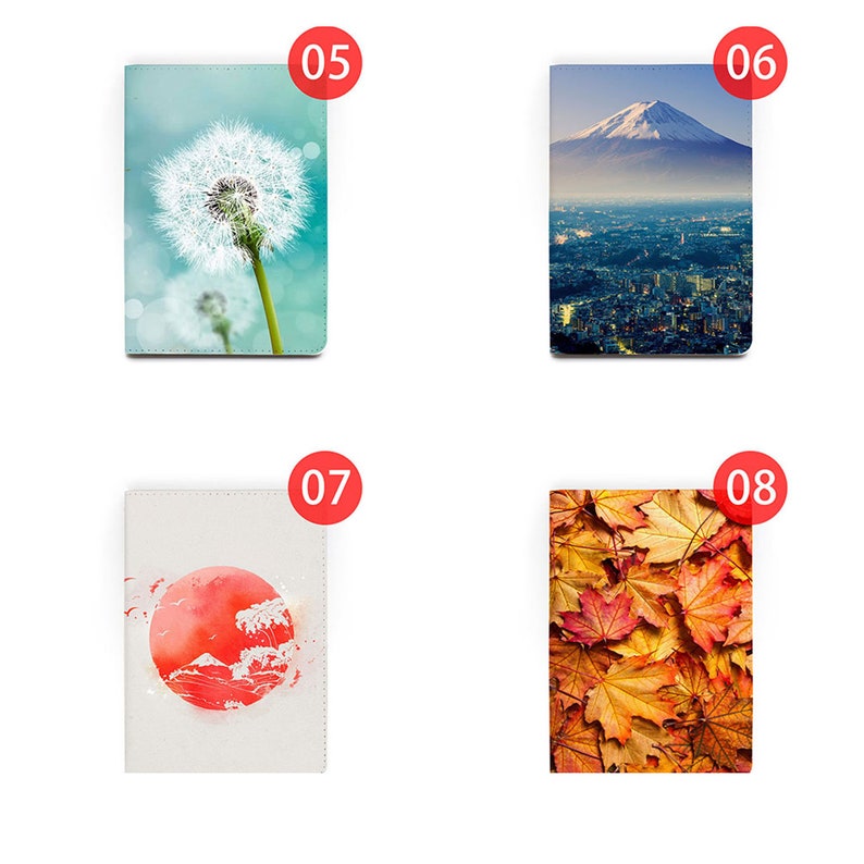 May include: Four different designs for a notebook cover. The first design features a dandelion with a blue and white background. The second design features Mount Fuji with a city skyline in the foreground. The third design features a red watercolor circle with a mountain and waves inside. The fourth design features a close-up of orange and yellow autumn leaves.