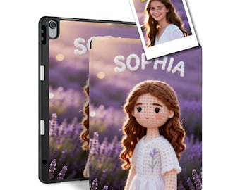 Custom iPad Case with Pencil Holder - Personalized Cozy Yarn-Stitched Figure from Your Photo- iPad Pro 13 12.9 11 Air6/7 A16 10th Mini