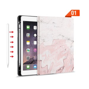 iPad Folio Smart Case stand Leather Cover with Pencil Holder for iPad Pro 12.9 11 Air 10.9 10.5 9.7 Auto Sleep Wake Up Pink Marble