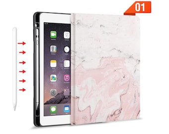 iPad Folio Smart Case stand Leather Cover with Pencil Holder for iPad Pro 12.9 11 Air 10.9 10.5 9.7 Auto Sleep Wake Up Pink Marble