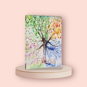 May include: A watercolor painting of a tree with four seasons. The tree is painted in shades of green, pink, yellow, and blue. The name "Fiona" is written in a copper color at the bottom of the painting.