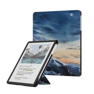 May include: A tablet in a black case with a mountain landscape print featuring a moonlit sky. The screen displays a drawing of mountains and a hot air balloon with text that reads Notes on creativity, Inspiration is everywhere, and more.