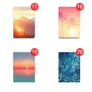 May include: Four different passport cover designs. The first cover features a mountain range at sunset. The second cover features palm trees at sunset. The third cover features a sunset over the ocean. The fourth cover features a blue and white water pattern.