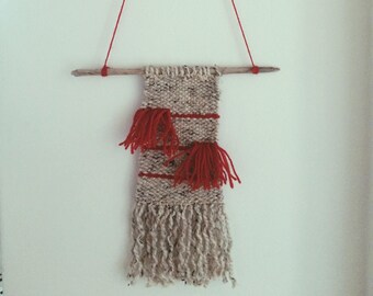 Handwoven Wall Hanging/Weaving - Red and Oatmeal