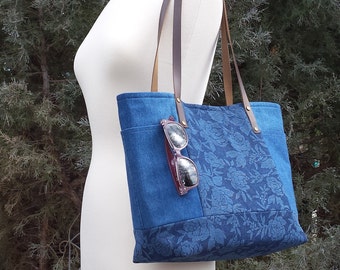 Denim Bag with Printed Denim Accents and Leather Straps,  Denim Handbag, Shoulder Bag, Everyday Purse, gift ideas for women